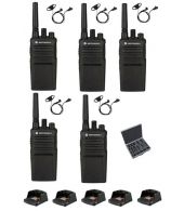 Set van 5 Motorola XT420 UHF IP55 PMR446 met D-shape oortje M1 2-Pins, laders en koffer